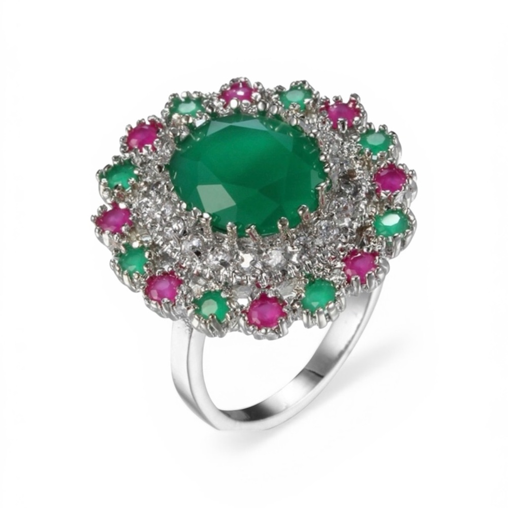 Cubic Zirconia Emerald and Garnet Stone 925 Stamped Sterling Silver Ring